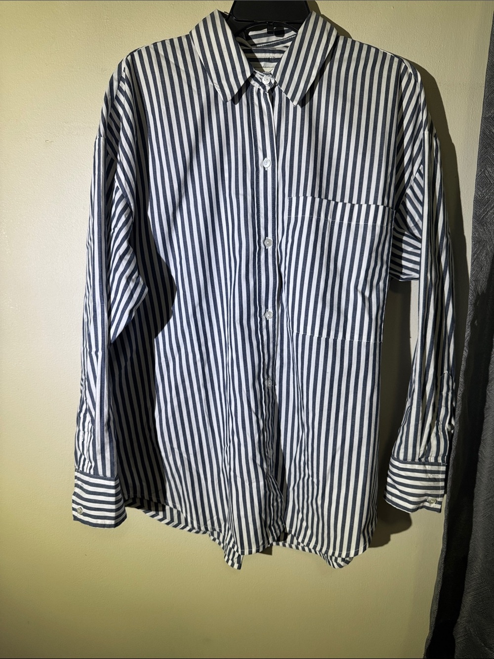 Oversized Navy and White Striped Button-Up Shirt